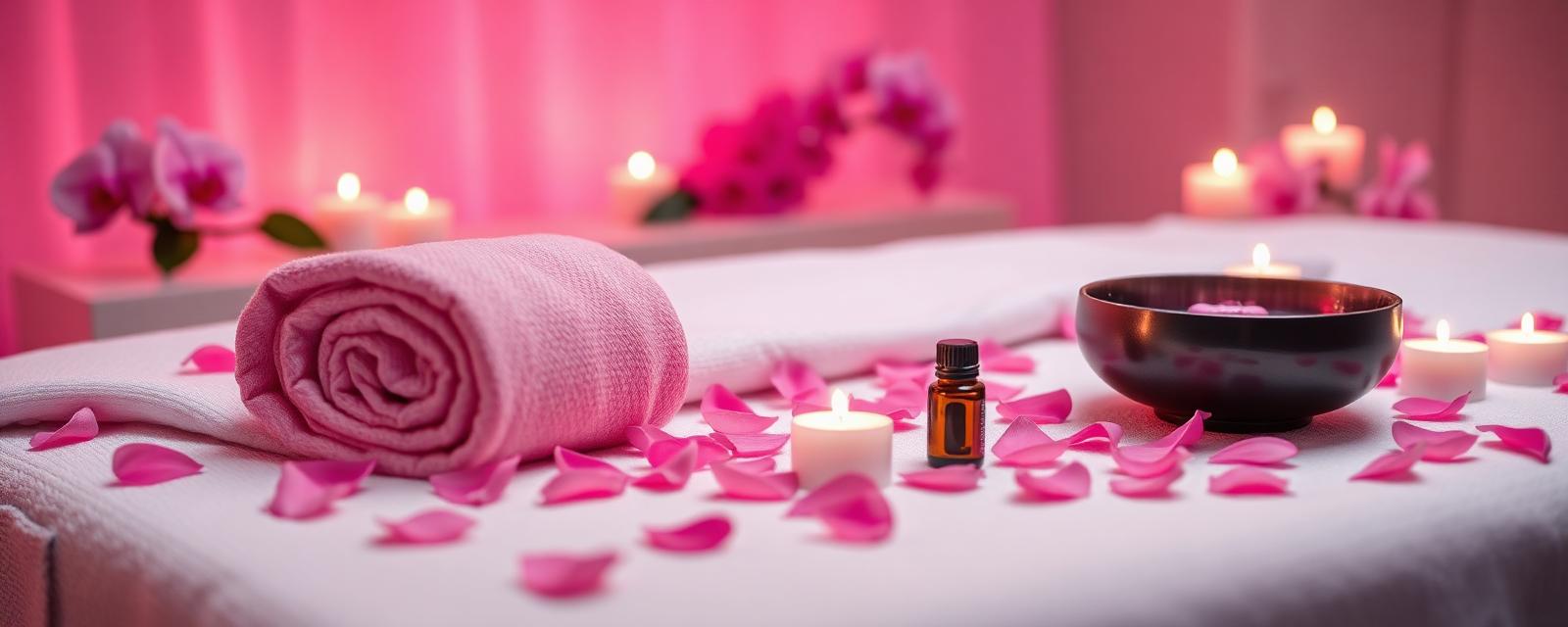 Massoterapia — ambiente de spa com toalhas, pétalas de rosa e velas