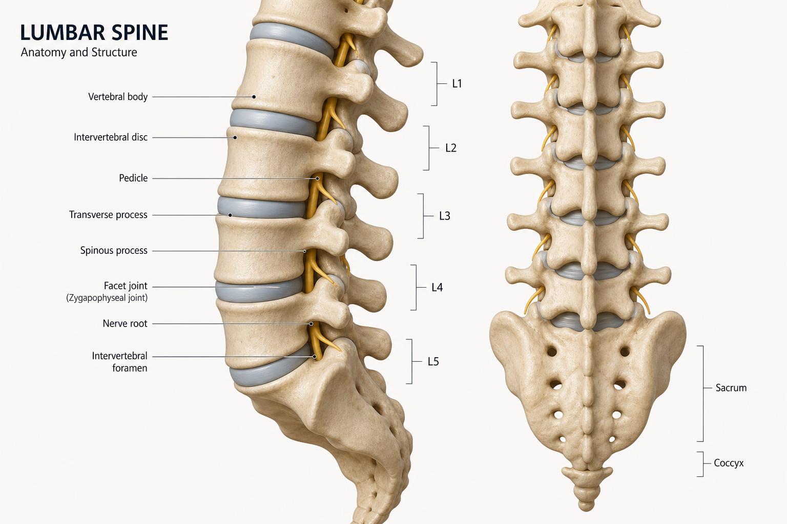 Ilustração anatômica da coluna lombar com vértebras L1 a L5, discos intervertebrais e raízes nervosas